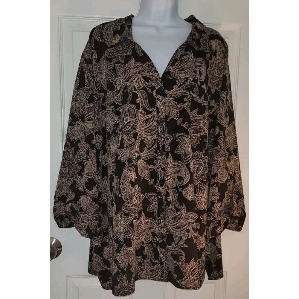3XL Catherines Floral Paisley Button Roll Tab Long Sleeve Shirt Career Top Black